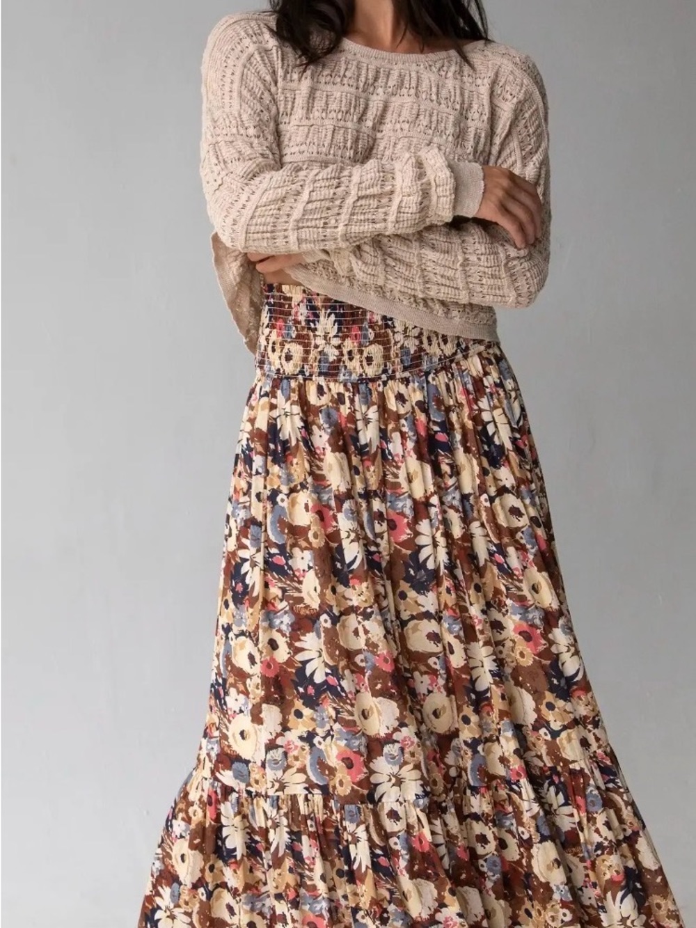 NATURAL LIFE Flora Convertible Tiered Maxi Skirt in Beige, Brown, Blue and Pink